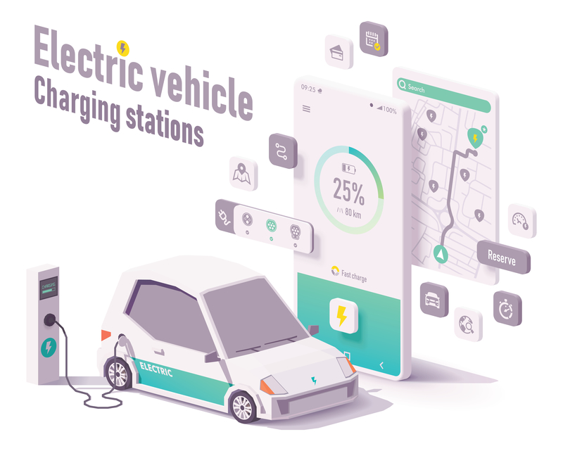 Vector electric vehicle charging stations app concept. Smartphone with car charging details, electric car charger stations map search, EV and charging station (source: ID 155130241 © Tele52 | Dreamstime.com)