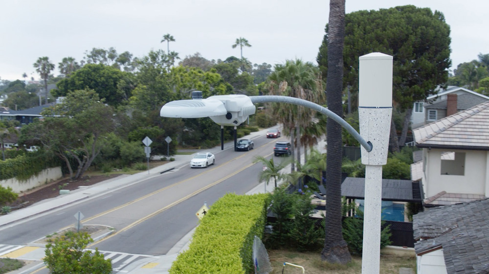 A horizontal CityIQ node covering a busy road in San Diego