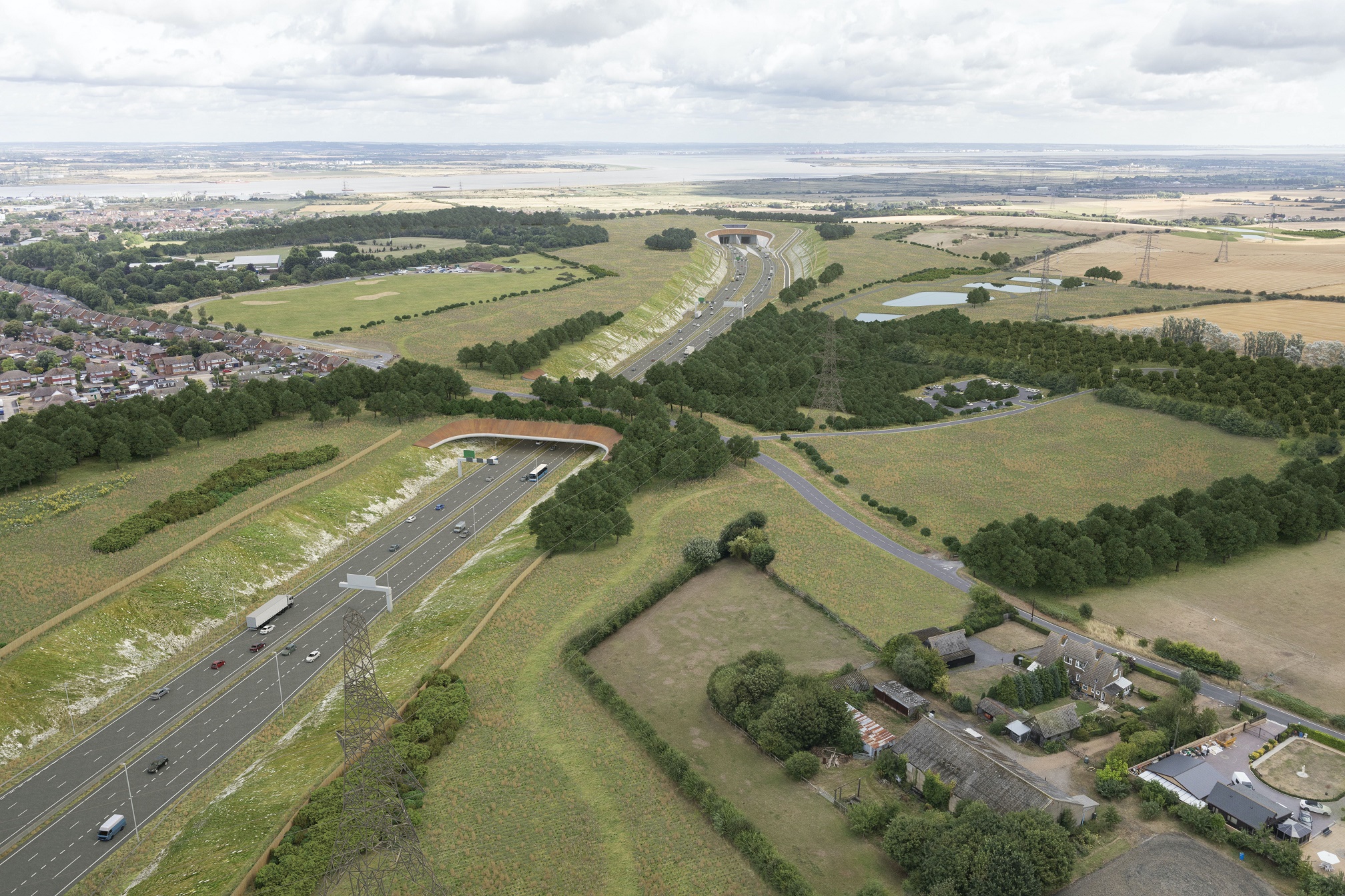Artist’s impression of the Lower Thames Crossing’s northern tunnel entrance in the county of Essex, looking south (image: Highways England)