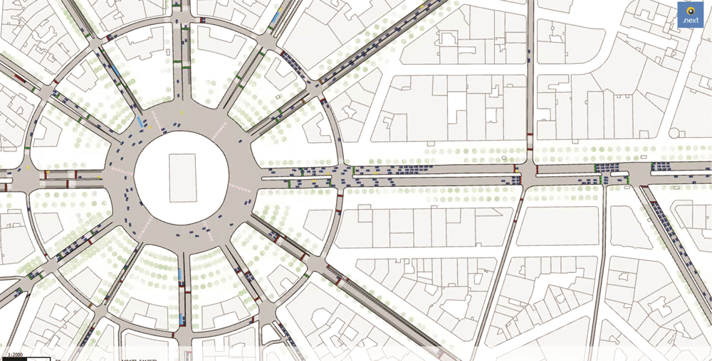 Aimsun Next’s model simulates changes in traffic flow as lanes along the iconic avenue are reduced