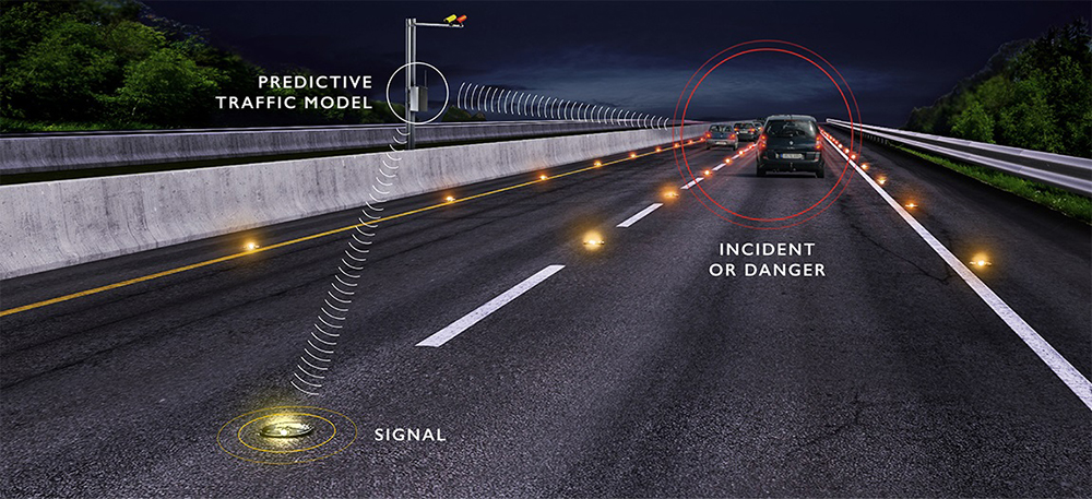 A roadside control box builds a predictive traffic model based on vehicle movements to identify dangers, and light the studs accordingly