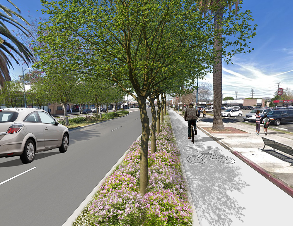 Separated bikeways and planted median strips are among the suggested changes to Sherman Way