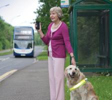 Blind lady with dog standing my bus stop