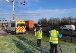 Acusensus’ Geoff Collins speaks to a BBC crew next to the M1 in England